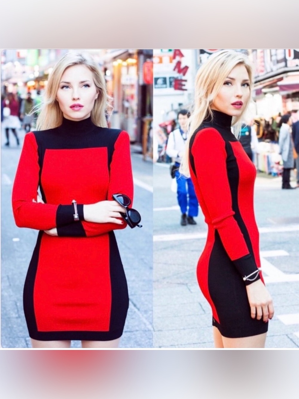 Balmain x H&M Red Black Colorblock Long Sleeve Knit Bodycon Dress US 8